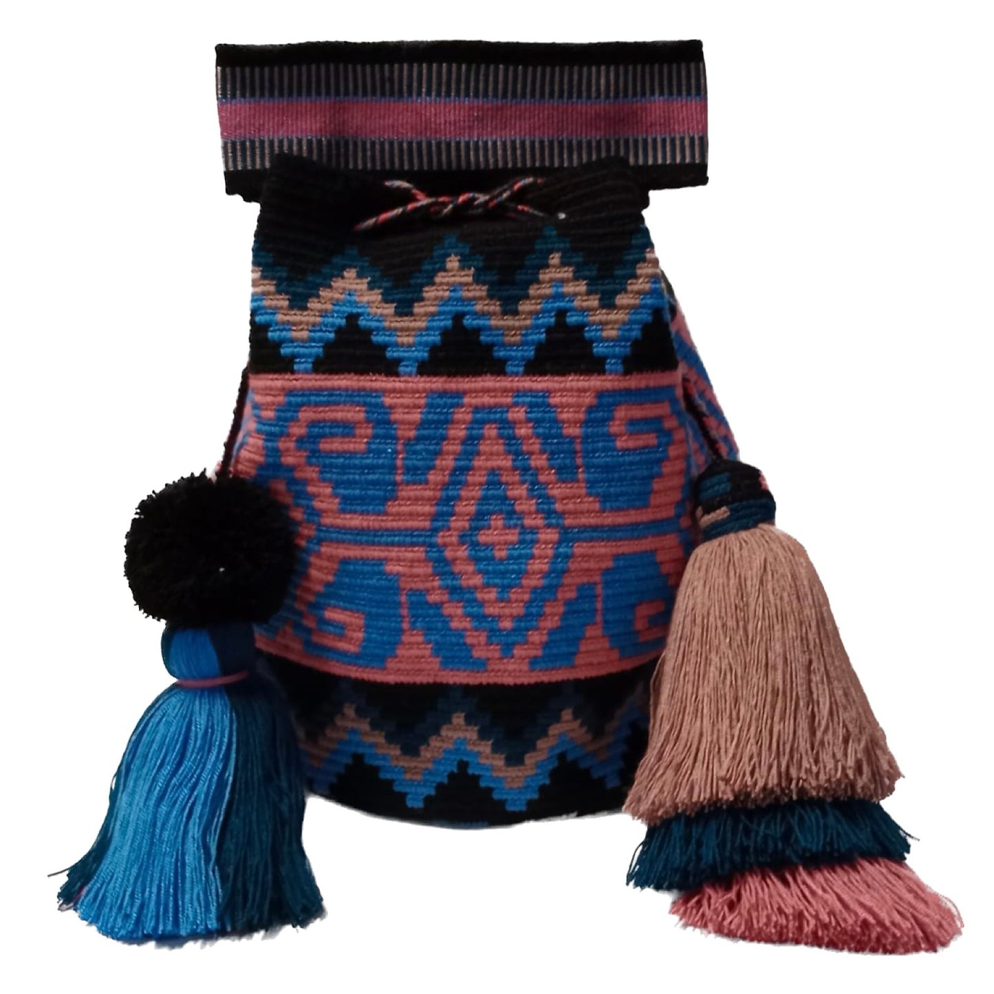 Wayuu bag black, coral, guayava and blue