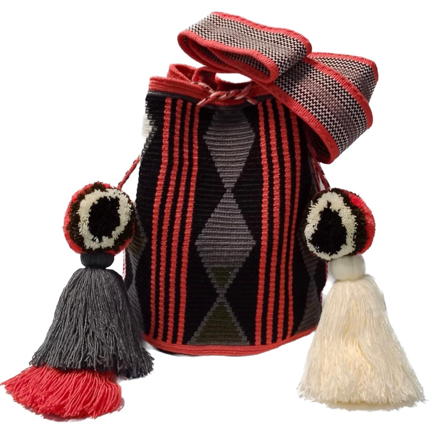 Wayuu bag black, coral and military green